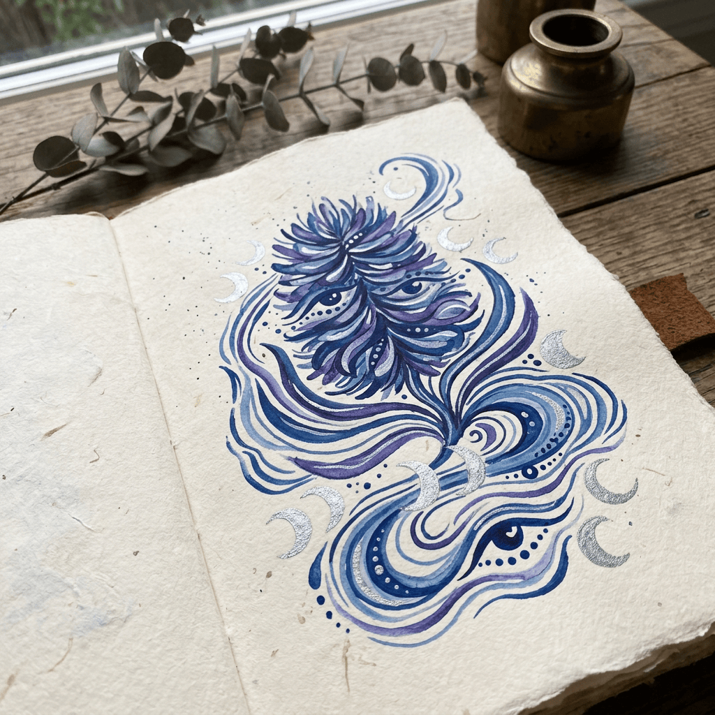 Blue and purple floral artwork with flowing leaves and crescent moons