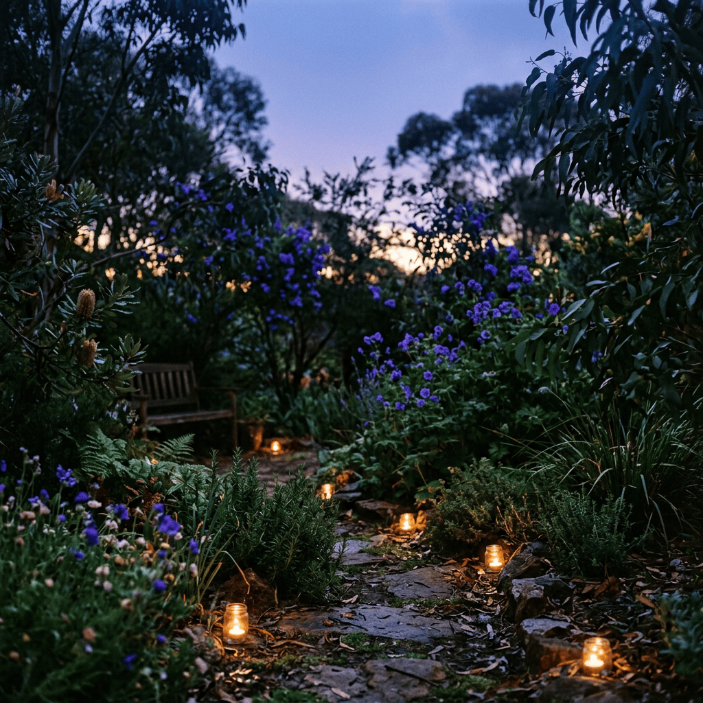 Candlelit stone path winding through a flower-filled garden at twilight