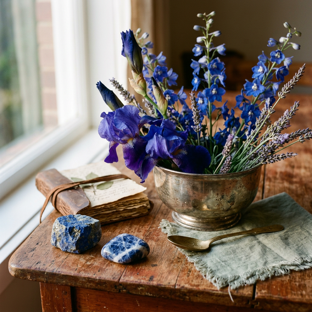 Blue flower arrangement in a brass bowl beside books, stones, and spoon