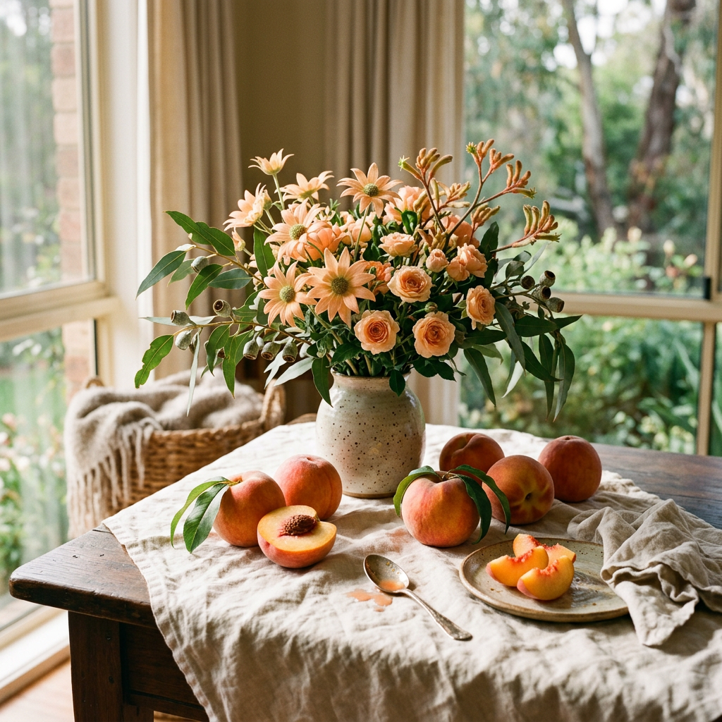 Peaches and peach flowers arranged on a sunlit wooden table