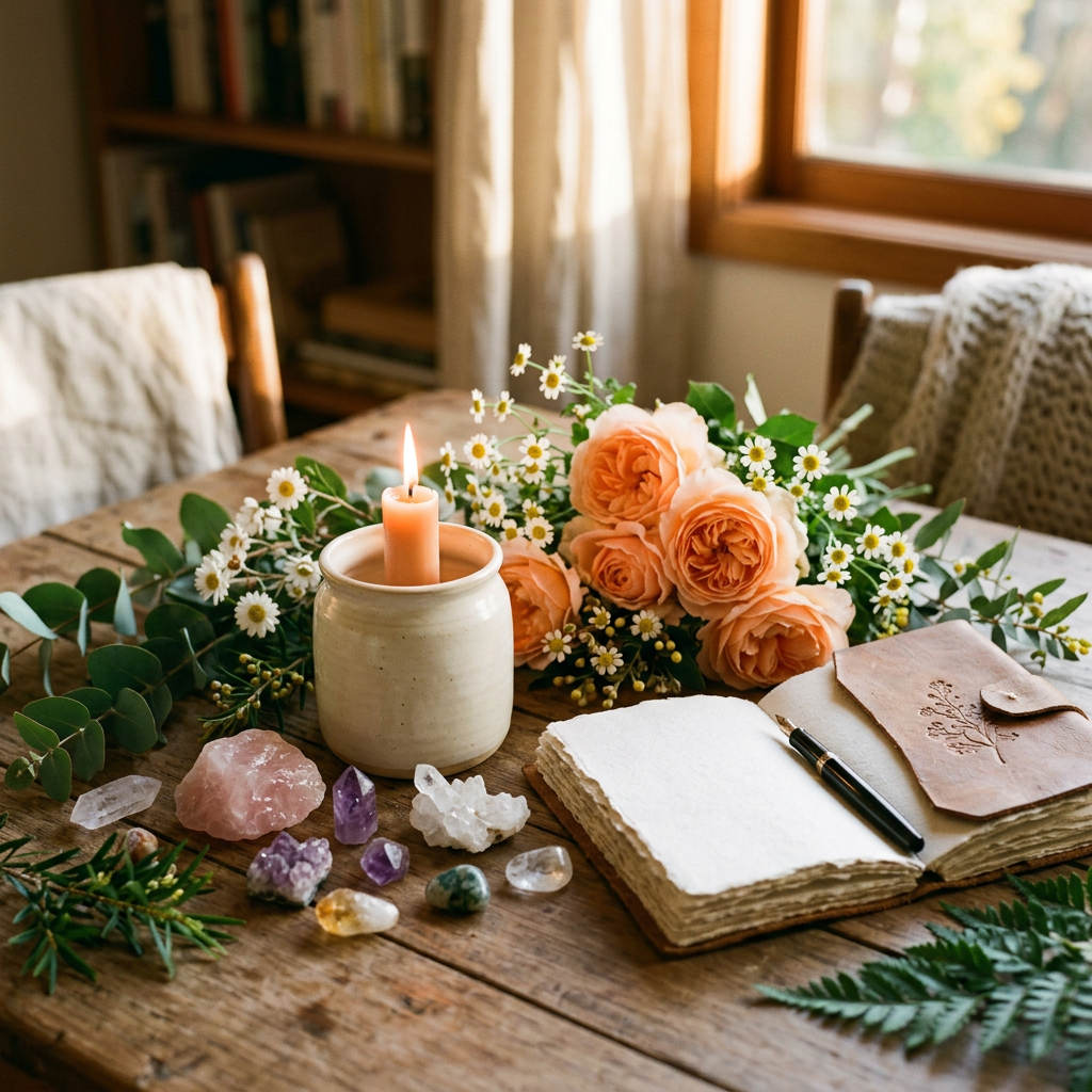 Candle, flowers, crystals, and open journal arranged on wooden table