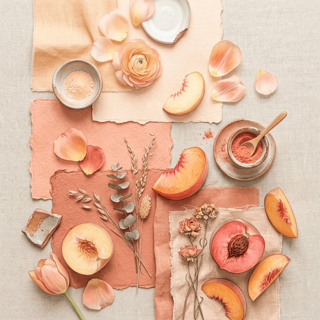 Peaches, petals, dried flowers, and ceramic dishes arranged on peach fabric