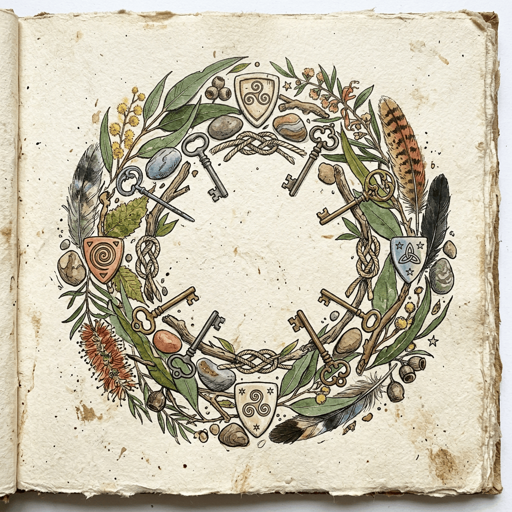 Illustrated Celtic wreath with keys, feathers, plants, stones, and shields