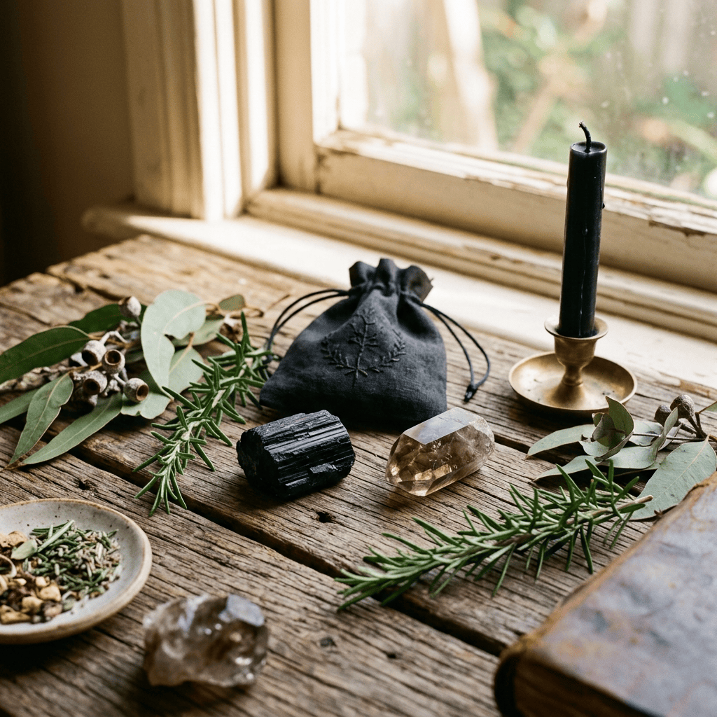 Rustic table with herbs, crystals, a black candle, and ritual pouch