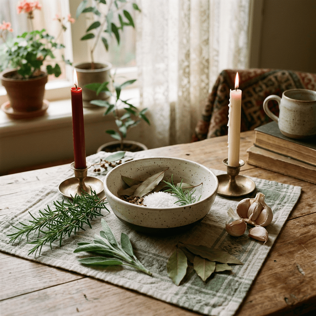 Bowl of salt and herbs with candles, garlic, and potted plants
