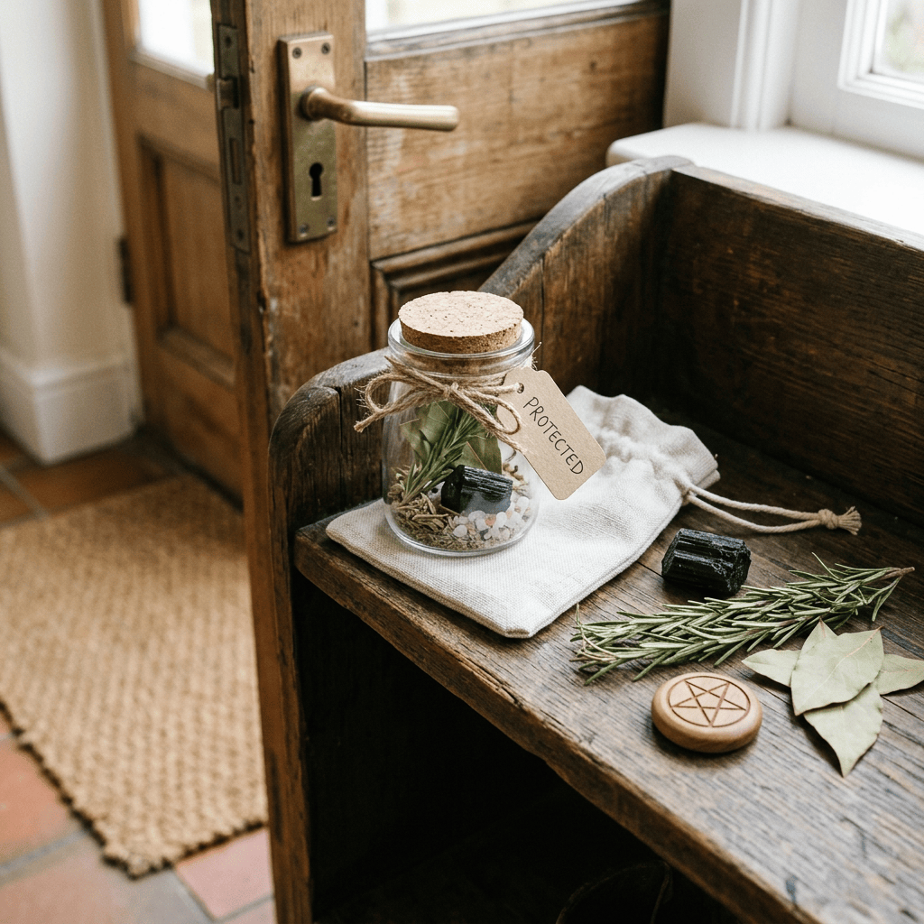 Jar of herbs labeled “PROTECTED” beside rosemary, leaves, charcoal, and symbol