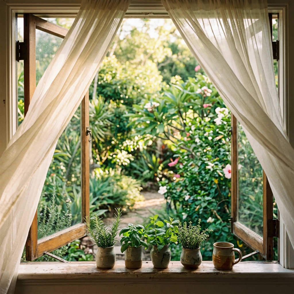 Open window overlooking a lush garden with potted herbs and a mug