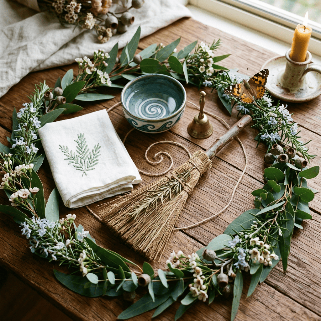 Herbal wreath surrounding a candle, bowl, cloth, and small broom