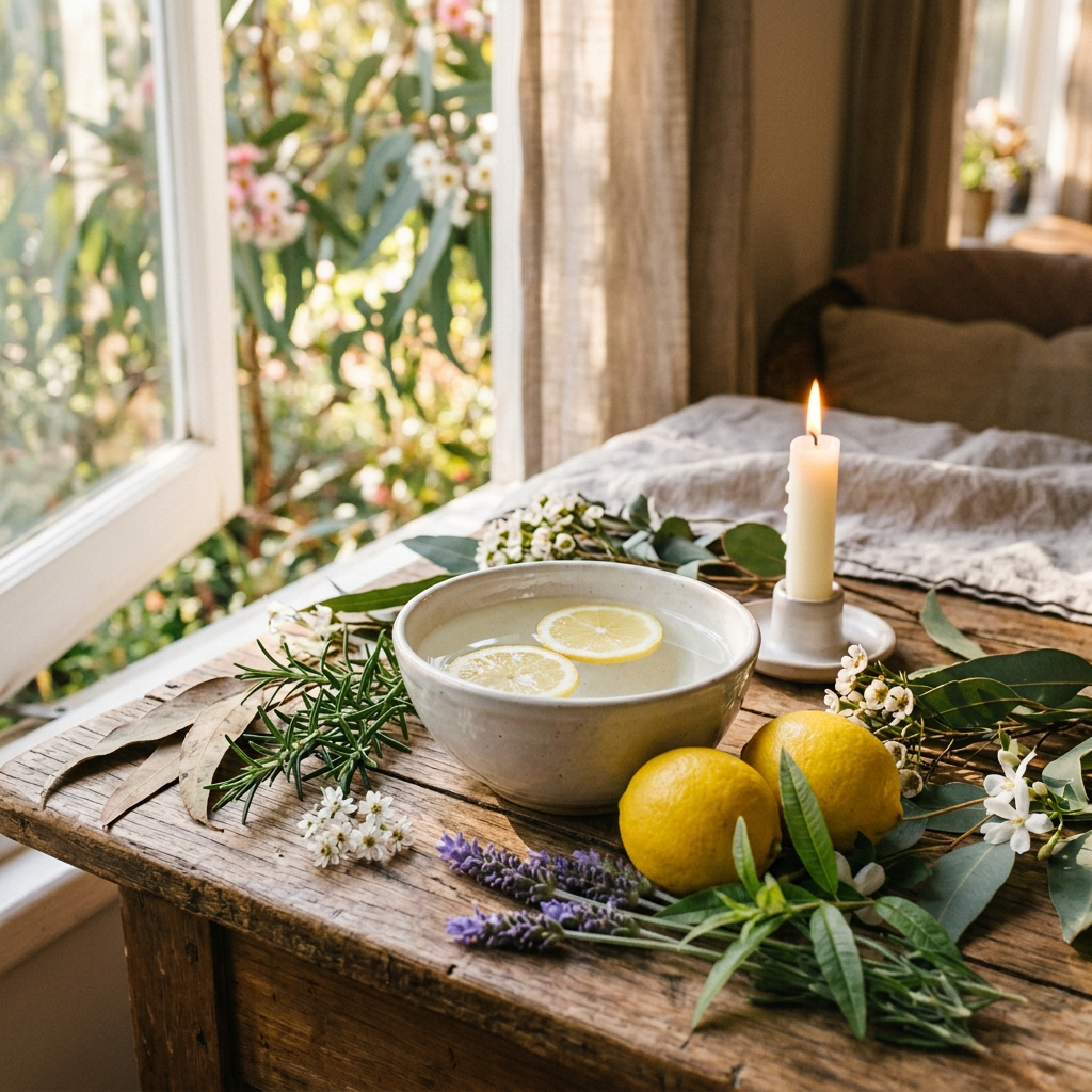 Botanical self-care ritual beside sunny window Bowl, candle, herbs, and flowers arranged on a wooden table