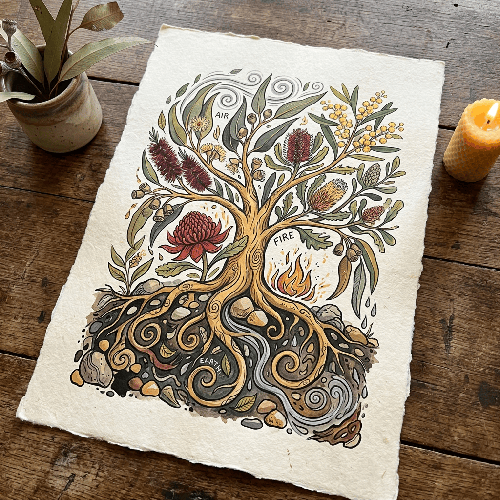 Illustrated tree labeled air, fire, earth, and water on handmade paper