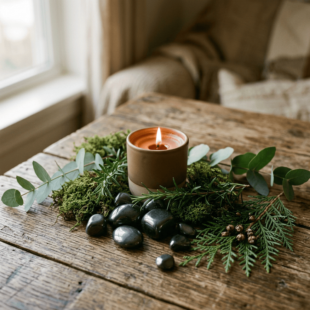 Lit candle surrounded by greenery and smooth stones on a wooden table