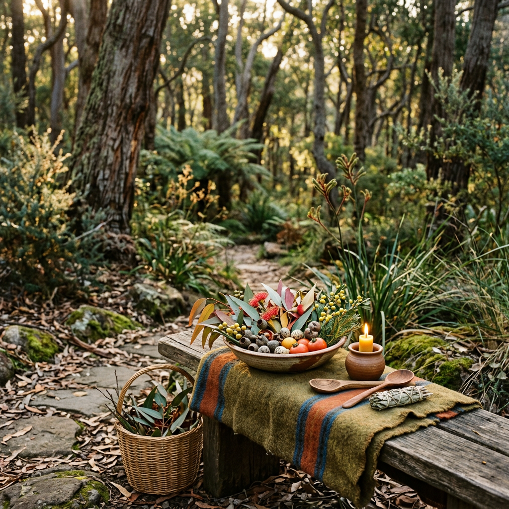 Rustic forest table with berries, botanicals, candle, blanket, and basket