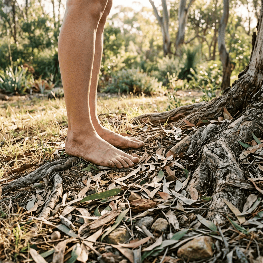 Bare feet standing among tree roots and fallen leaves in a forest