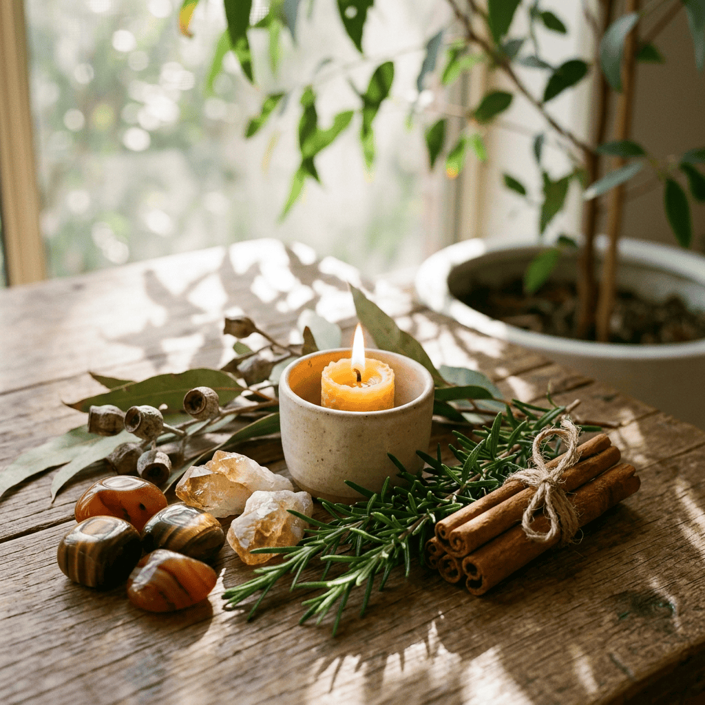 Crystals, rosemary, cinnamon and golden candle