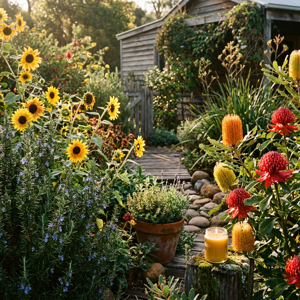 Flower-filled garden path leading to a rustic cottage with a candle
