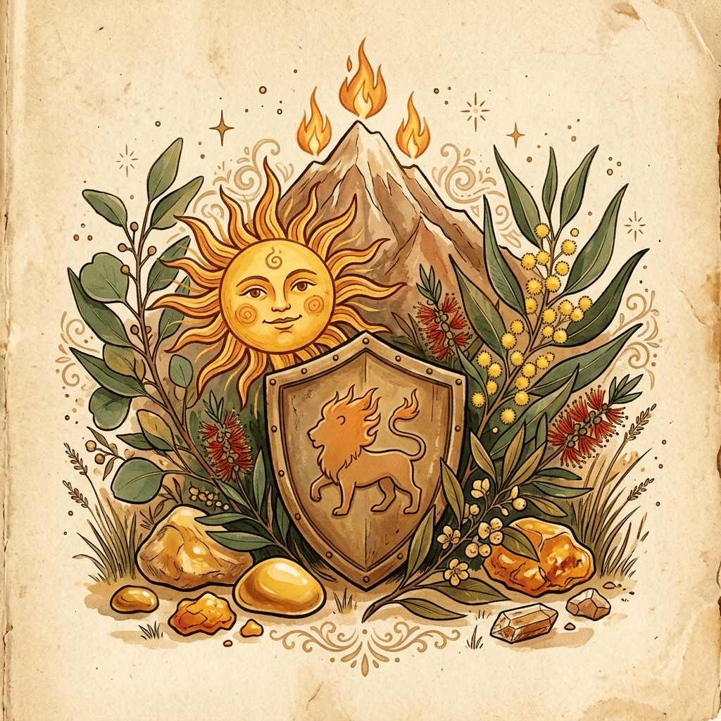 Heraldic shield with fiery lion, sun, volcano, plants, and golden stones