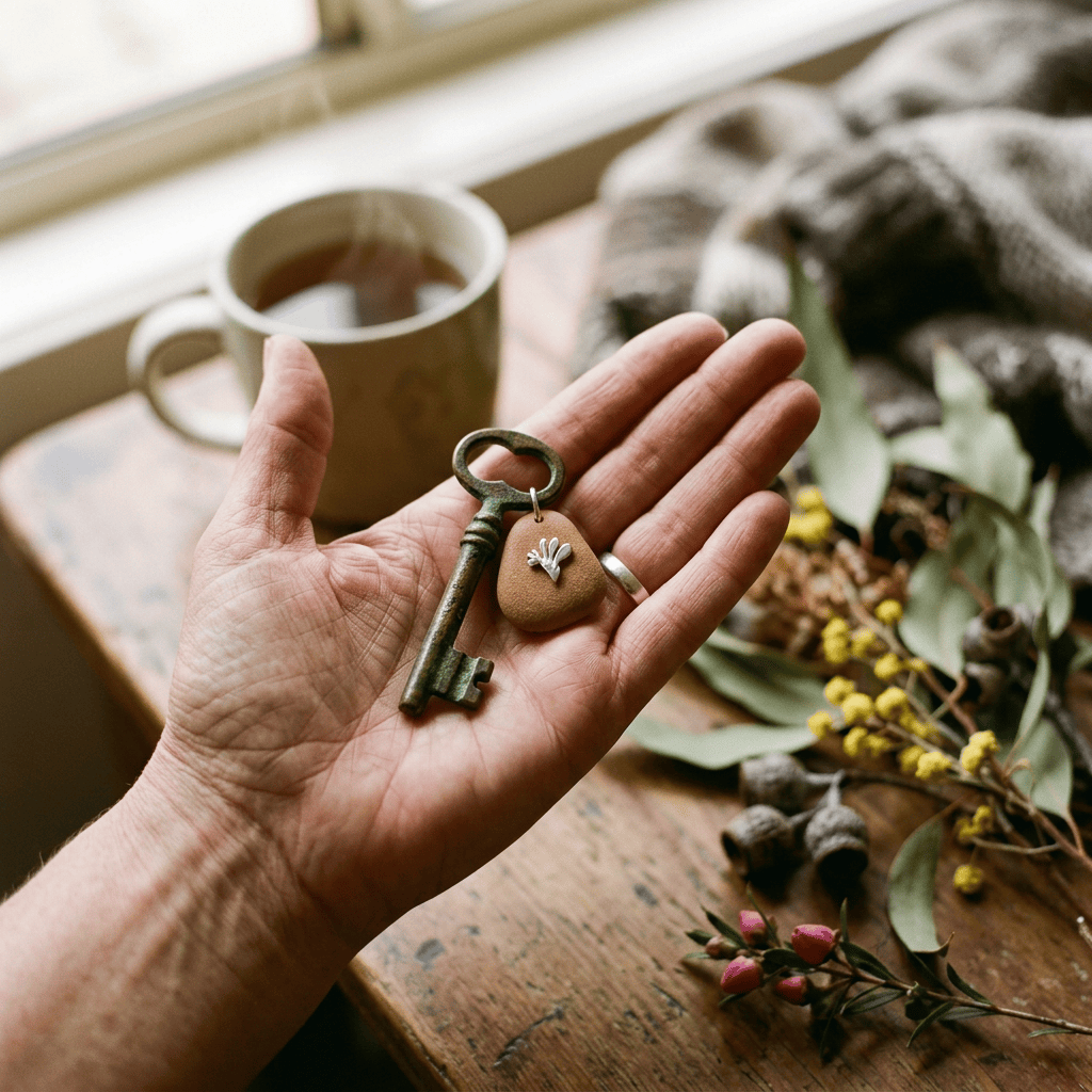 Open hand holding a vintage key and heart-shaped charm