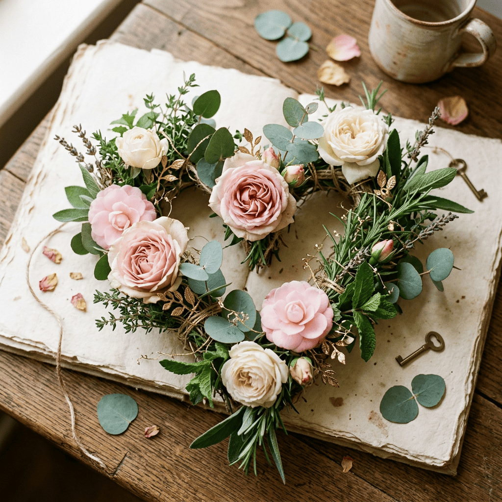 Floral wreath with blush roses and greenery on a rustic table