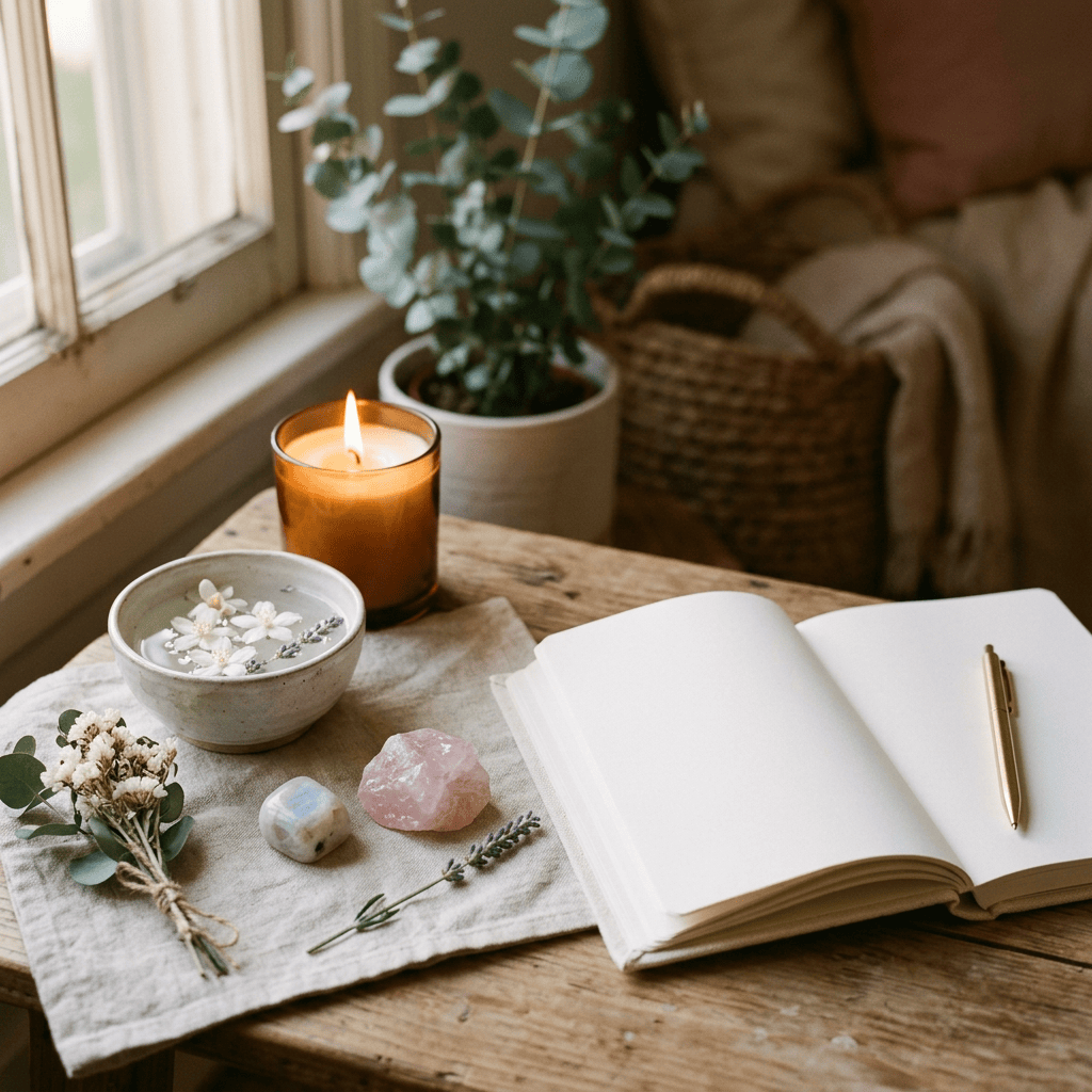 Open blank journal beside a lit candle, plants, flowers, and crystals
