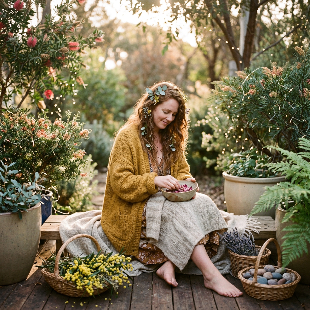 Woman gathering berries in a sunlit garden surrounded by plants and baskets