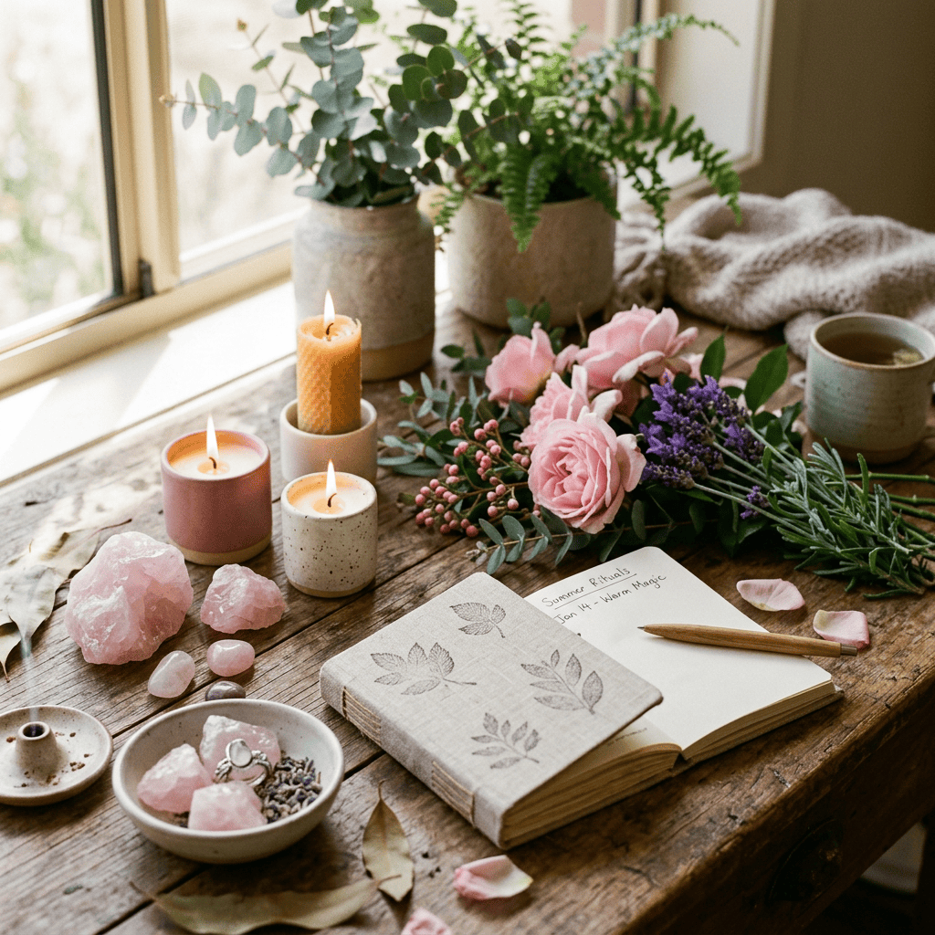 Candles, flowers, crystals, tea, and journals labeled “Summer Rituals” and “June + Warm Magic”