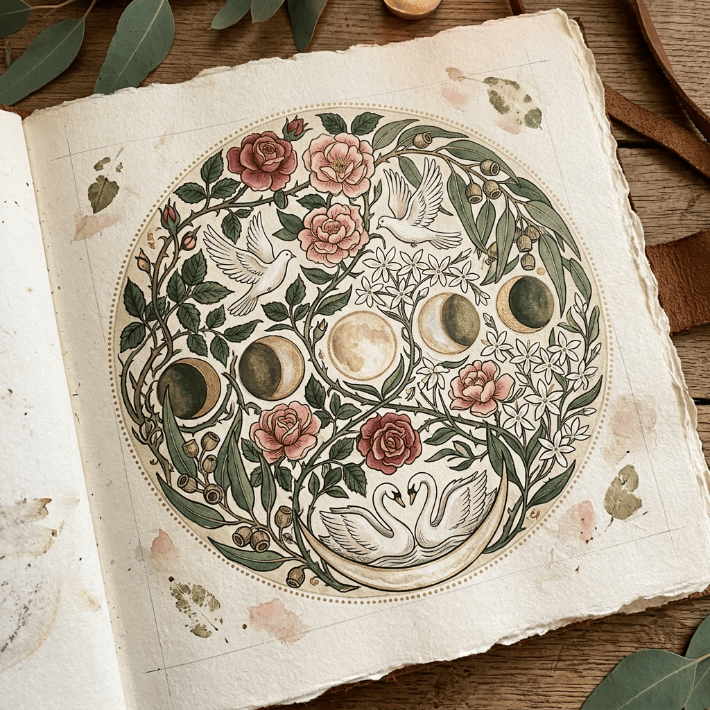 Botanical circular artwork with flowers, birds, swans, and moon phases