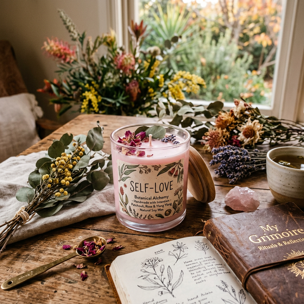 Self-Love botanical candle beside flowers, tea, crystals, and ritual journals