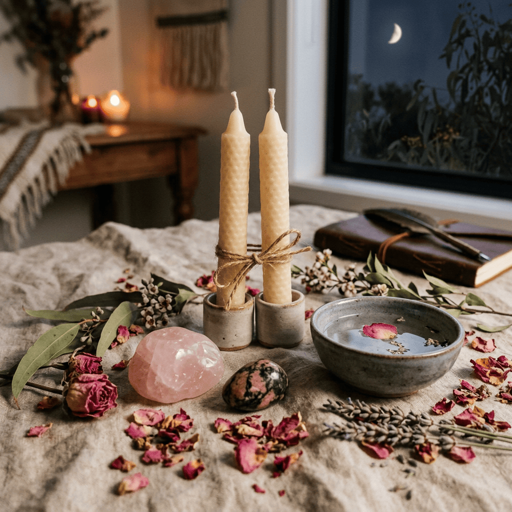 Two candles, crystals, flowers, water bowl, and dried herbs arranged on a bed