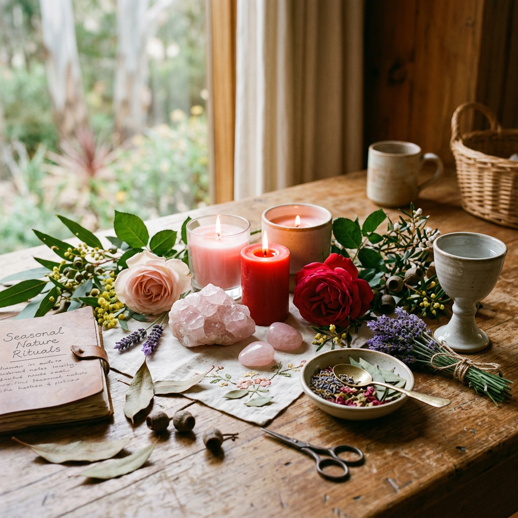 Candles, flowers, crystals, herbs, and ritual journal on wooden table